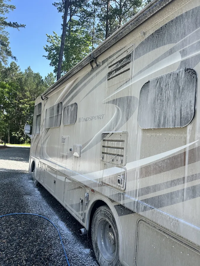 Motorhome exterior wash in progress